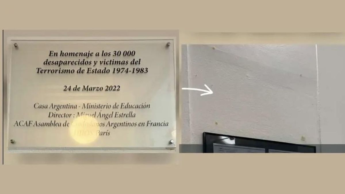 La placa que recordaba a las víctimas de la dictadura en la Casa Argentina en París. Al lado, el espacio vacío.