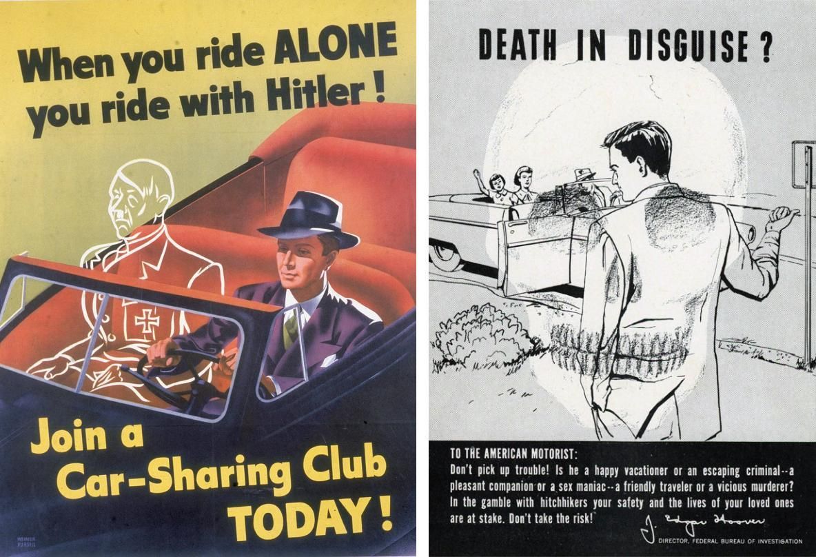 A la izquierda, el cartel que anima a hacer autoestop durante la Segunda Guerra Mundial. A la derecha, el promovido por el FBI unos años después para criminalizar la práctica