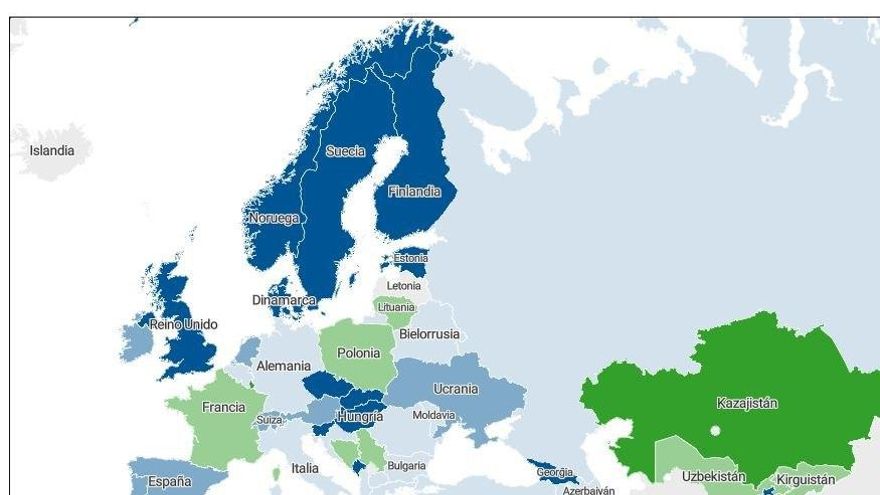 Mapa que muestra la tendencia de los datos de contagios en Europa en la última semana