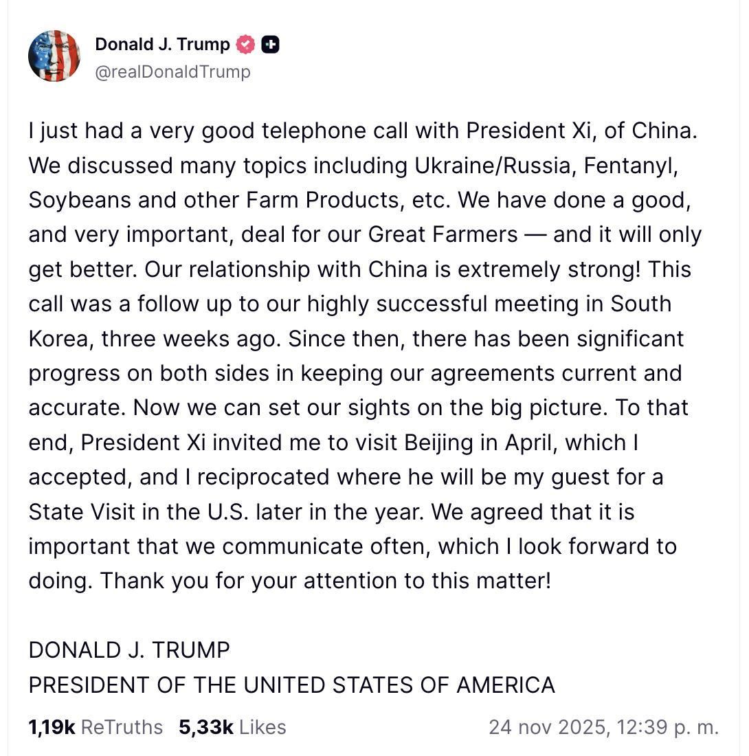 Truth Social de Trump sobre su llamada con Xi.