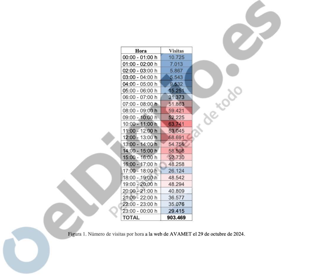 Número de visitas por hora a la web de Avamet el 29 de octubre de 2024.