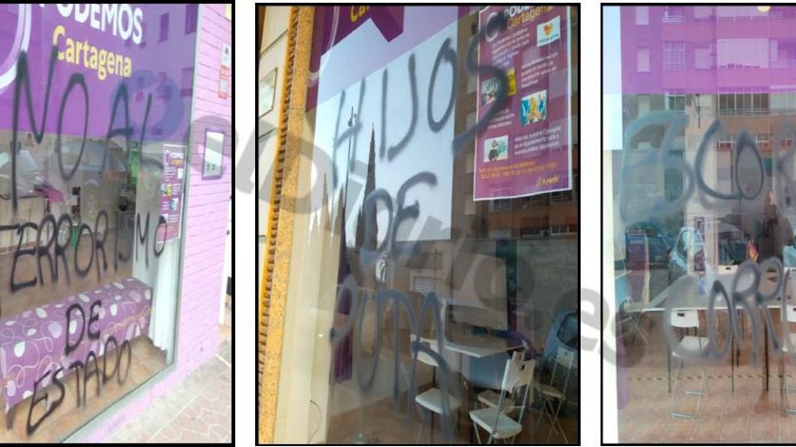 Aspecto de la sede de Podemos tras el ataque