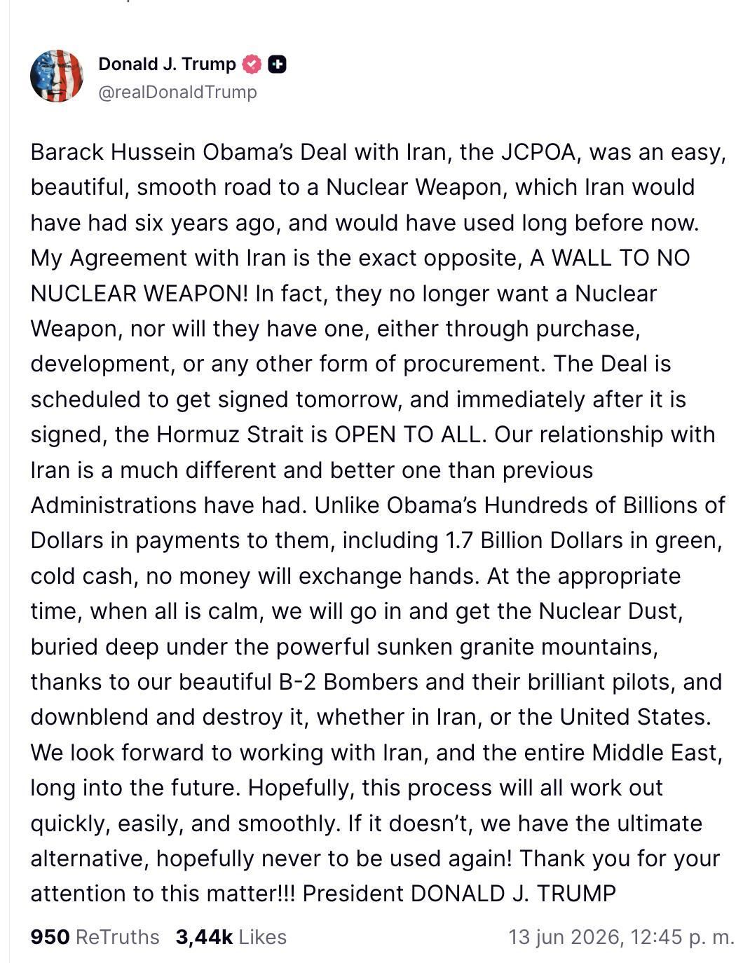 Truth Social de Trump sobre el acuerdo con Irán.