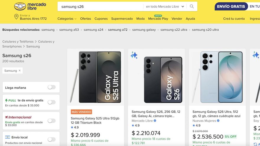 Los Samsung que se ofrecen en Mercado Libre.