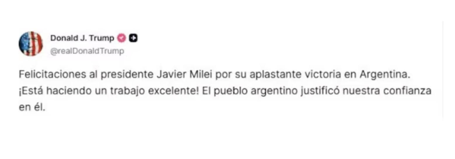 Mensaje de Trump de felicitación a Milei.