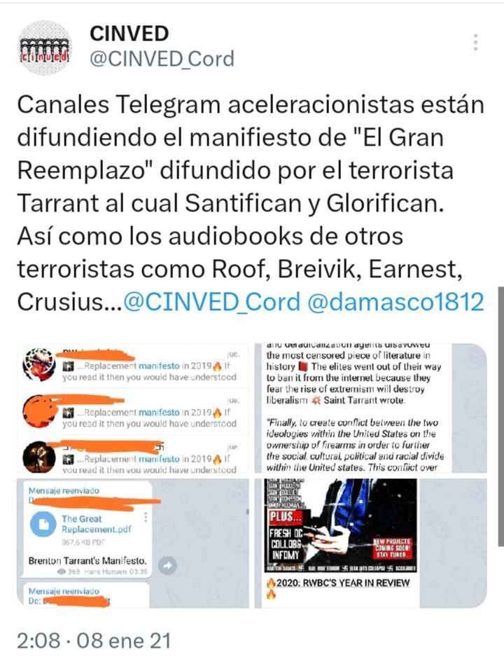 Información difundida desde el perfil de Twitter/X de Cinved en 2021 sobre glorificación y difusión de manifiestos terroristas.