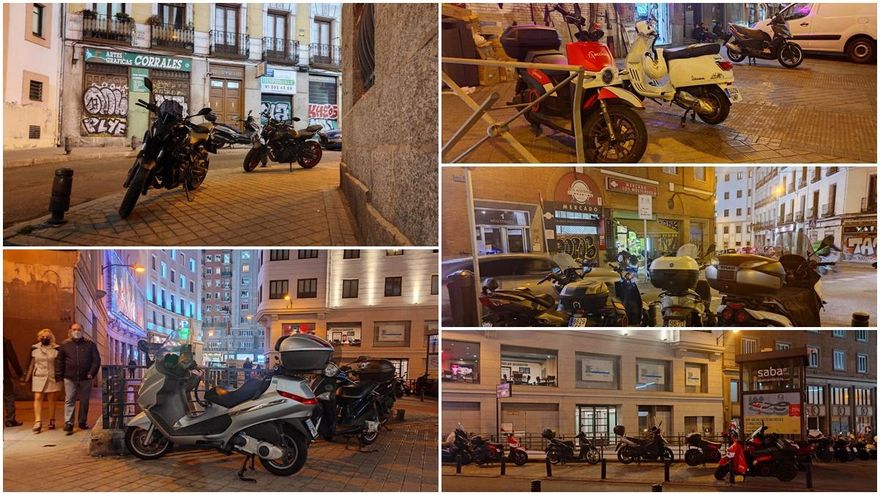 Motocicletas aparcadas sobre las aceras del entorno de Los Mostenses un día cualquiera