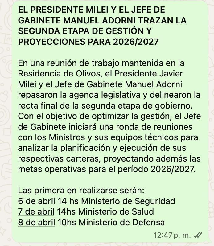 El comunicado oficial sobre la reunión de Milei con Adorni.