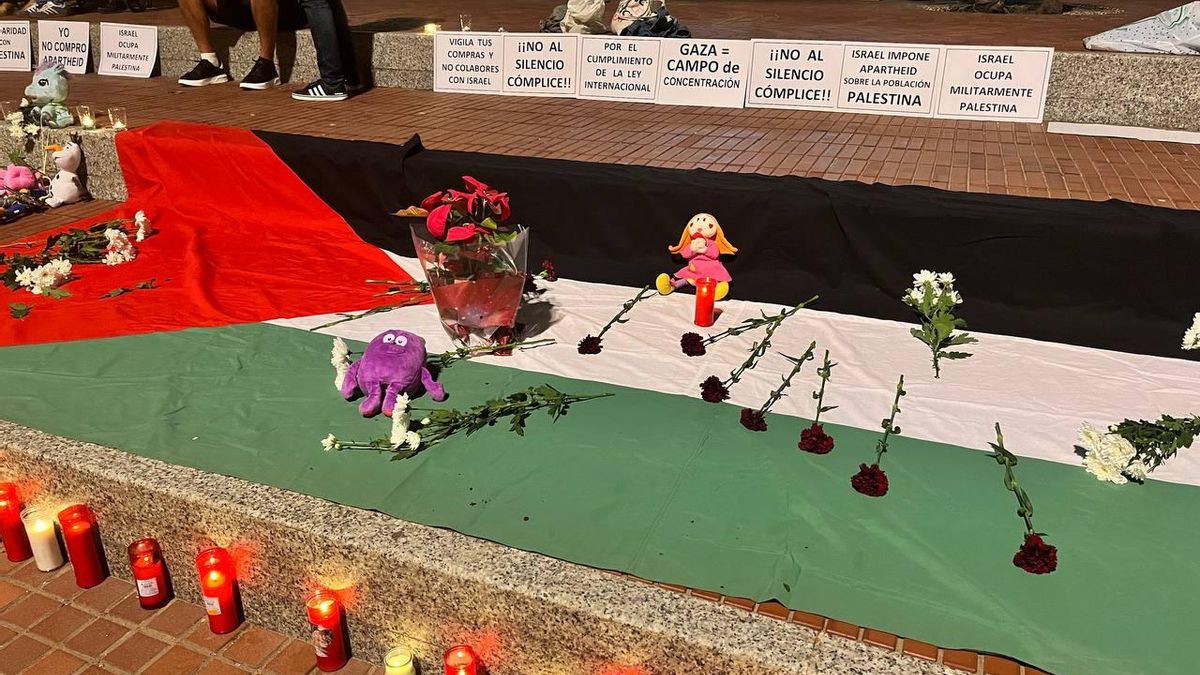 Carteles colocados en Las Canteras en la vigilia por Gaza