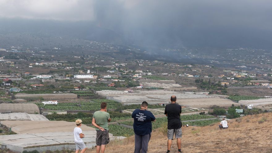 Unos vecinos observan desde un alto el avance de la colada de lava del volcán de La Palma en las cercanías de la localidad de La Laguna. EFE/Carlos de Saa