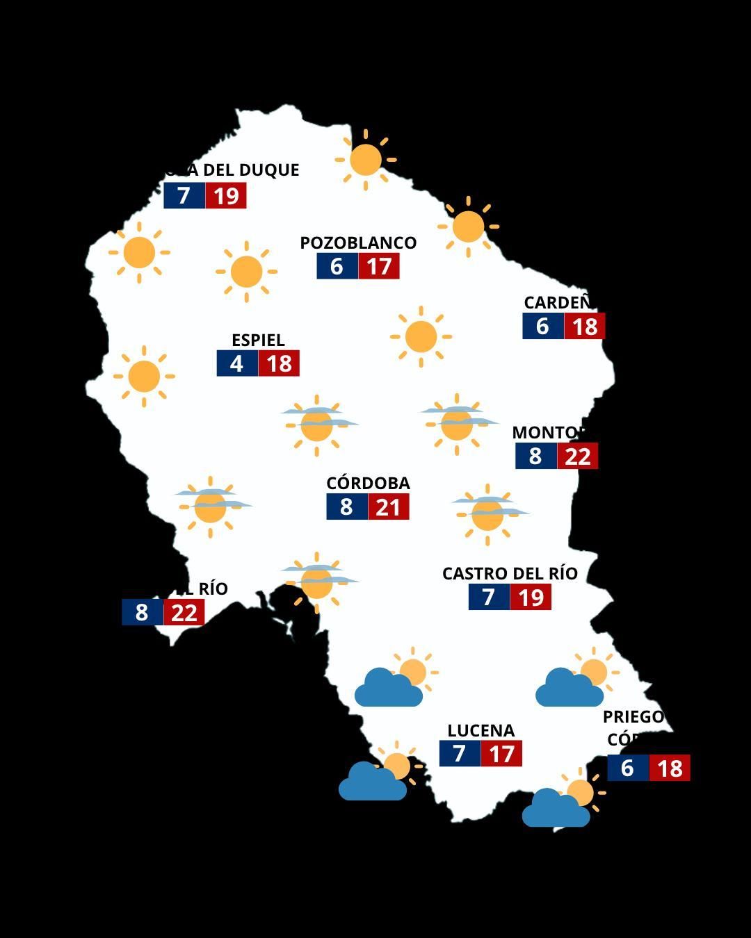 Mapa de previsión en Córdoba para el Viernes de Dolores.