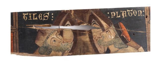 Una tabla medieval que muestra a Platón y Aristóteles siendo amamantados