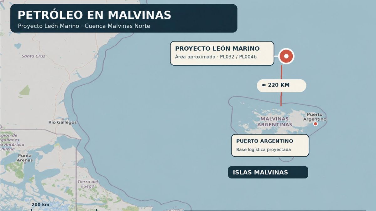 Mapa del proyecto, a 220 kilómetros al norte de las Islas Malvinas.