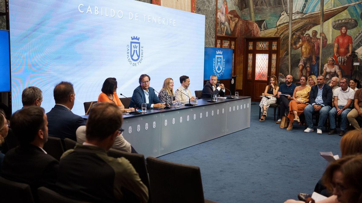 La presidenta del Cabildo de Tenerife, Rosa Dávila (c) asistió este lunes a la reunión con representantes empresariales y sociales para abordar asuntos relacionados con la movilidad de la isla.