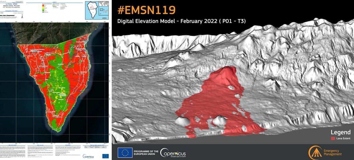 El Servicio de Gestión de Emergencias de Copernicus realizó análisis detallados de las consecuencias de la actividad volcánica del último volcán de La Palma en Cumbre Vieja. A la izquierda, un mapa que muestra la evaluación del riesgo de erosión del suelo para la parte sur de la Isla. A la derecha, una visualización de datos basada en el nuevo Modelo de Elevación Digital entregado por el equipo de Mapeo de Riesgo y Recuperación de CEMS.