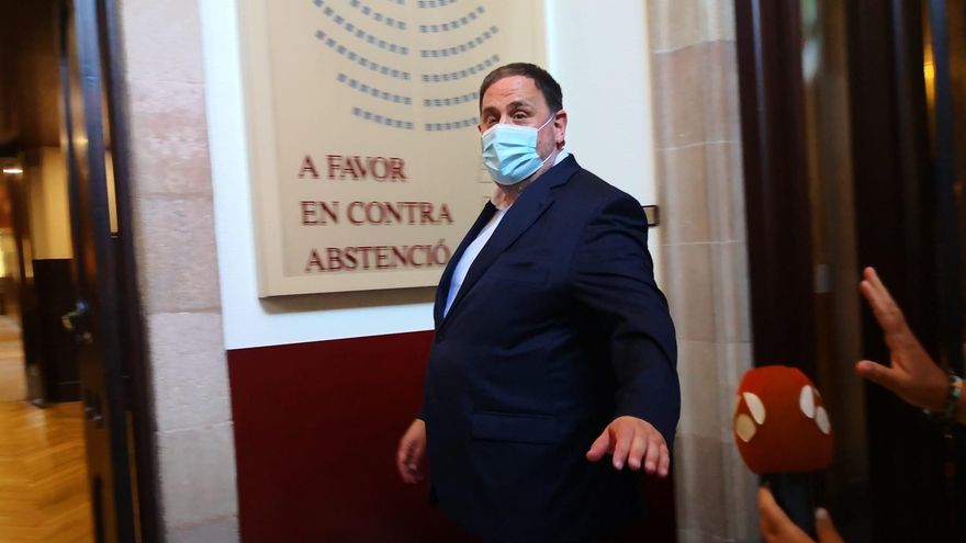 El líder de ERC, Oriol Junqueras, a 29 de junio de 2021 en el Parlament de Catalunya, tras la reunión del grupo parlamentario de ERC.