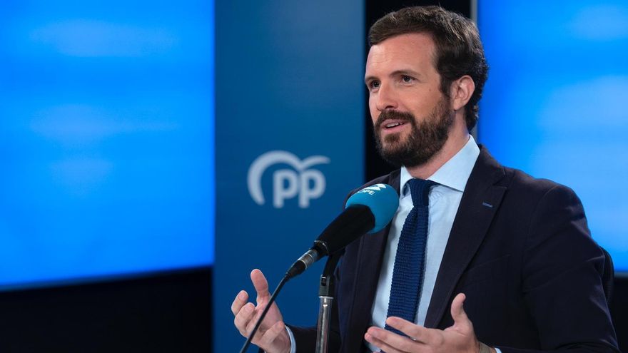 El presidente del PP, Pablo Casado, es entrevistado en la cadena Cope. En Madrid, a 14 de septiembre de 2020.