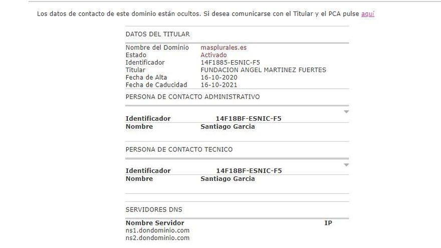 Imagen del registro de Masplurales.es a nombre de la Fundación Ángel Martínez Fuertes..