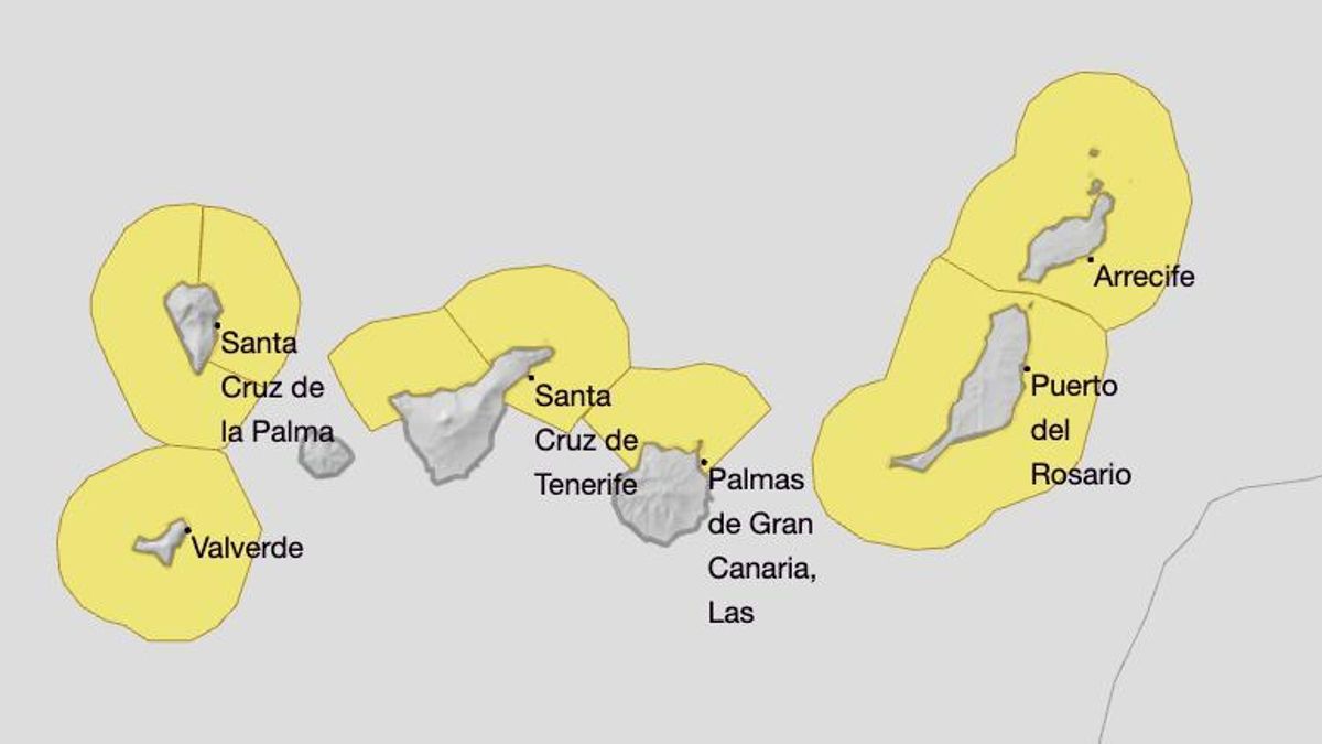 Mapa de la Aemet del aviso amarillo por fenómenos costeros el miércoles.