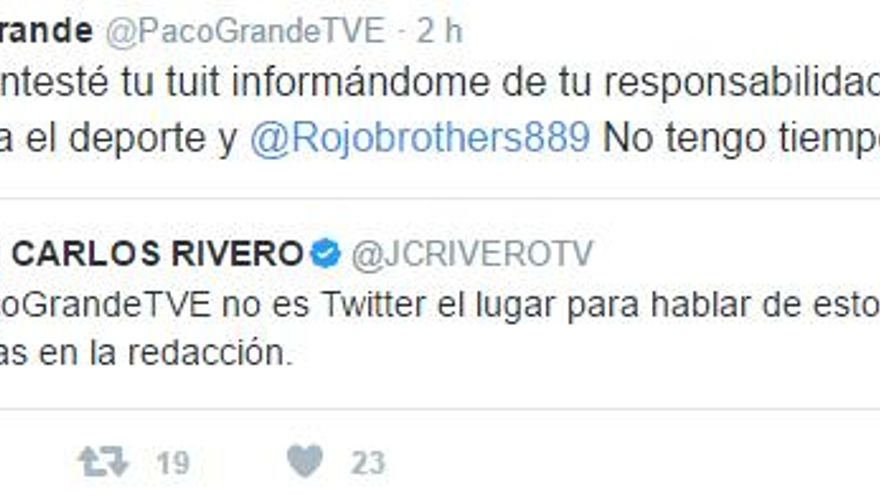 Mensaje de Paco Grande a Juan Carlos Rivero en Twitter