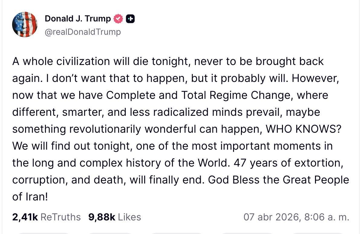 Truth Social de Donald Trump sobre Irán.