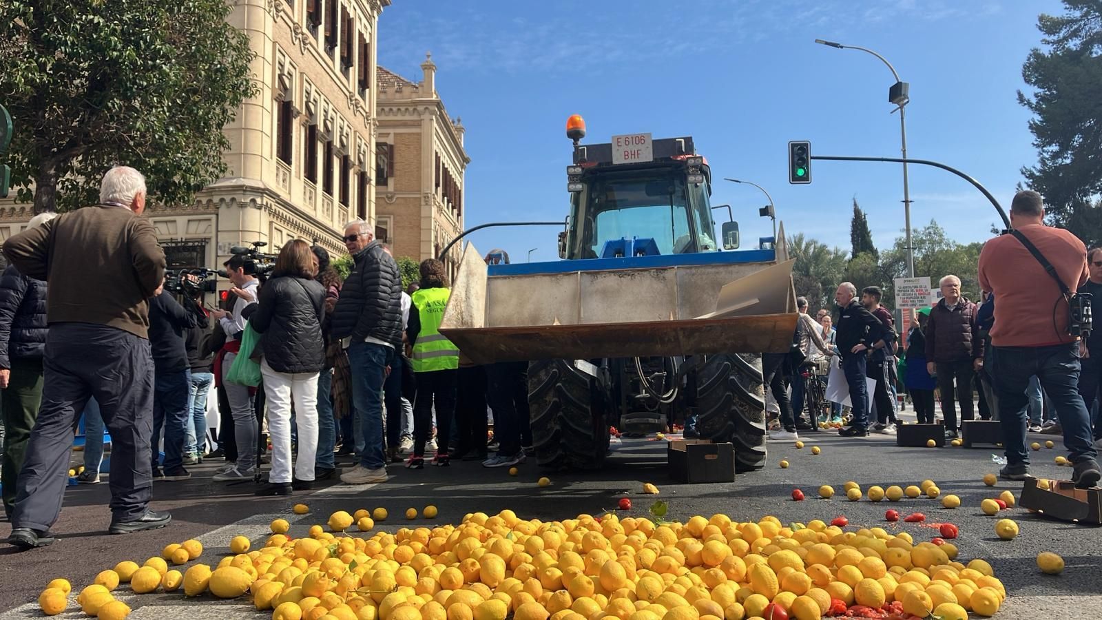 Agricultores han bloqueado la entrada de la Delegación del Gobierno en Murcia con limones