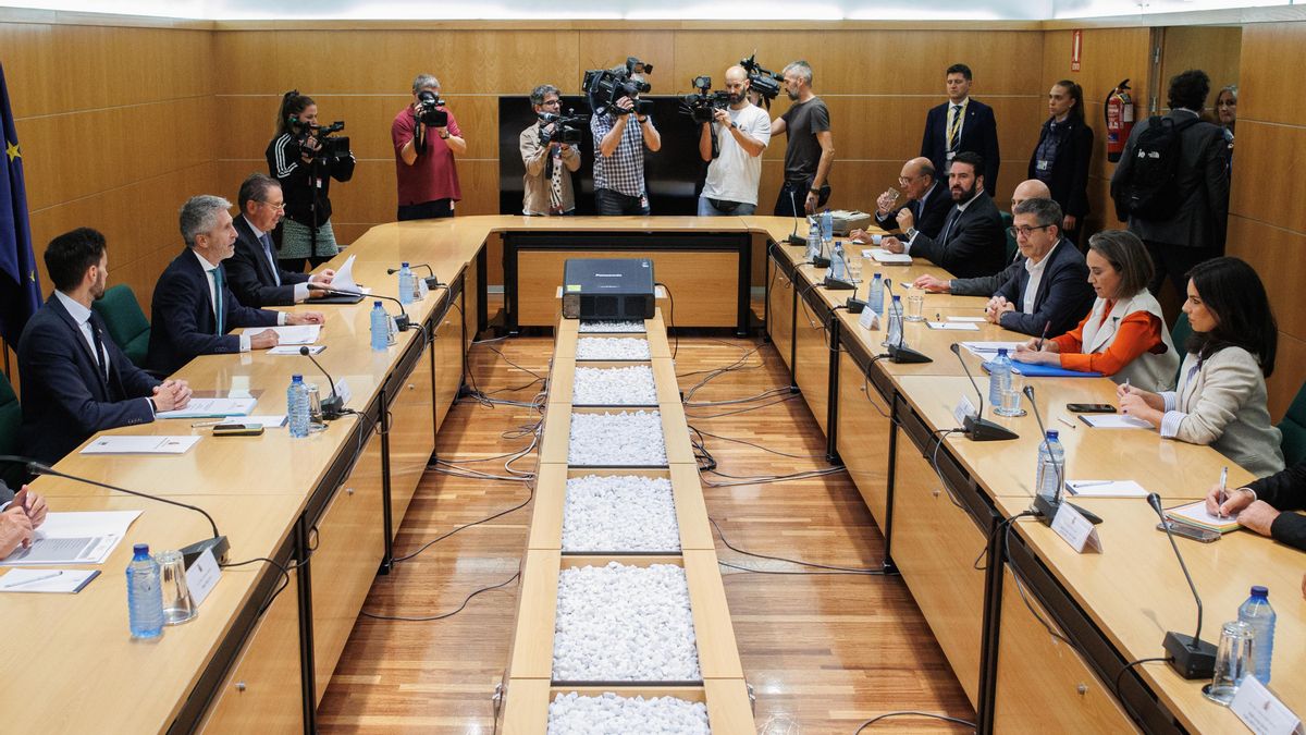 El ministro del Interior en funciones, Fernando Grande Marlaska (2i), preside una reunión con los representantes de los grupos parlamentarios.
