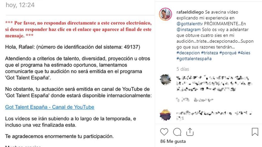 Uno de los mails que el equipo de Got Talent envió a Rafael DiDiego