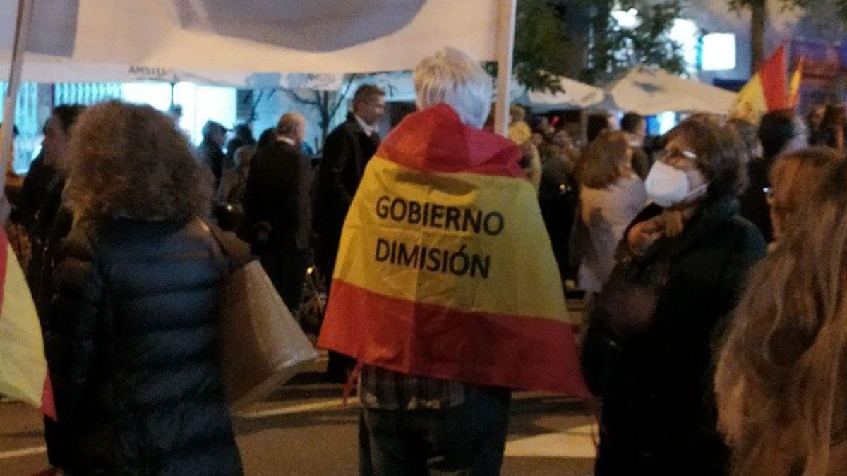 Un hombre con una bandera de España en la que puede leerse 'Gobierno dimisión'
