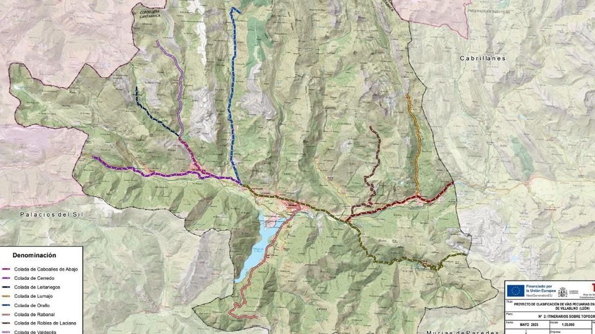 Mapa de detalle de la situación de las vías pecuarias dentro del municipio de Villablino, en Laciana.