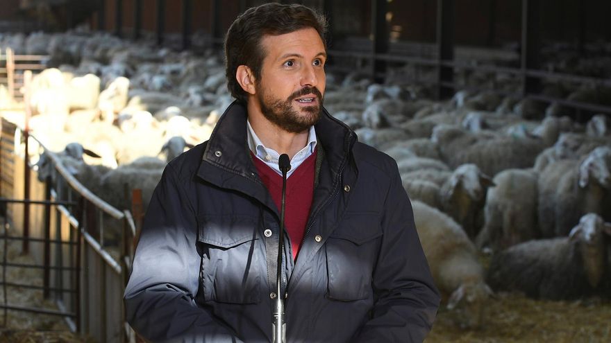 El presidente del Partido Popular, Pablo Casado (i), realiza declaraciones a la prensa durante su visita a Matadeón de los Oteros (León)