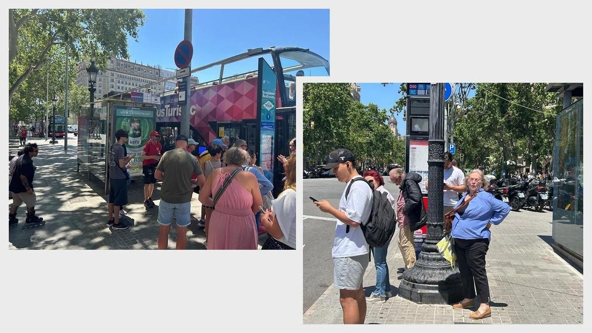A la izquierda, la marquesina para el Bus Turístico. A la derecha, la parada con poste sin sombra para el bus de transporte público