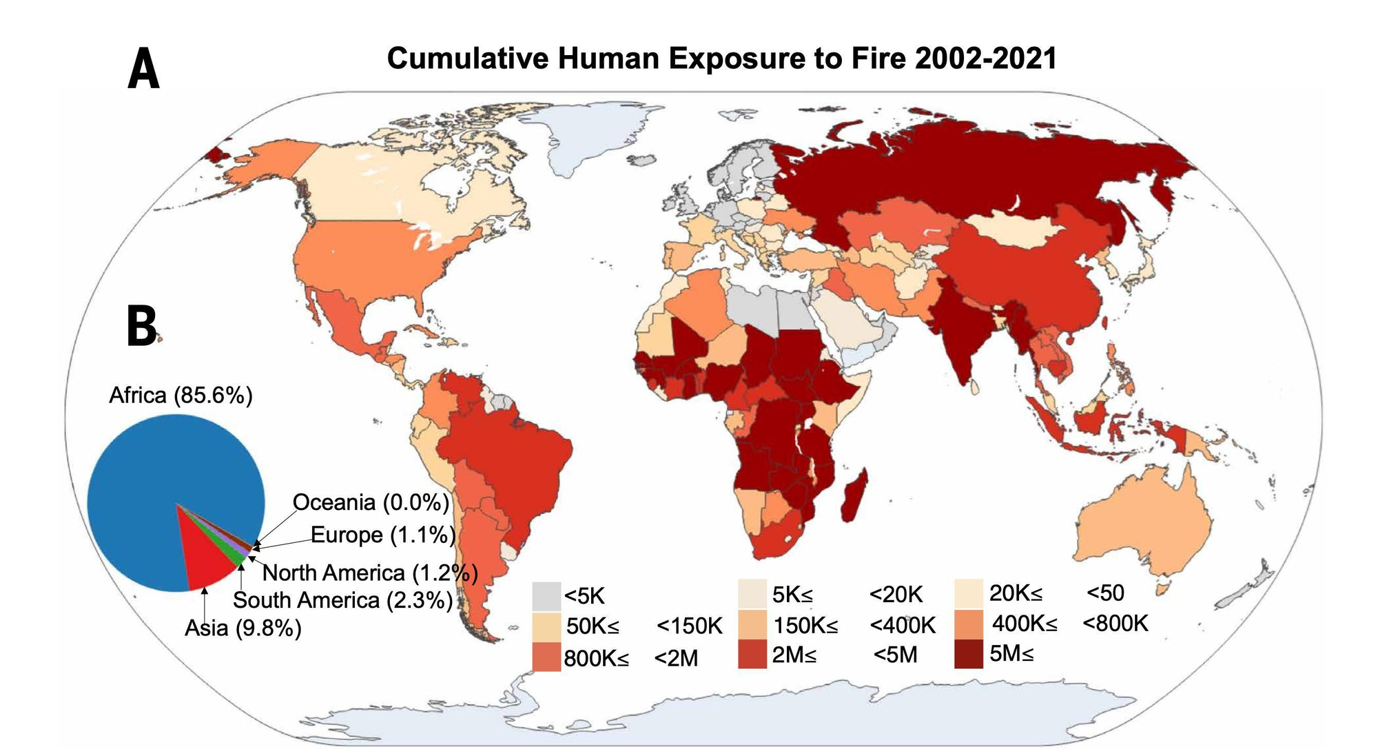 Un mapa del estudio muestra la exposición acumulada a los incendios entre 2002 y 2021.