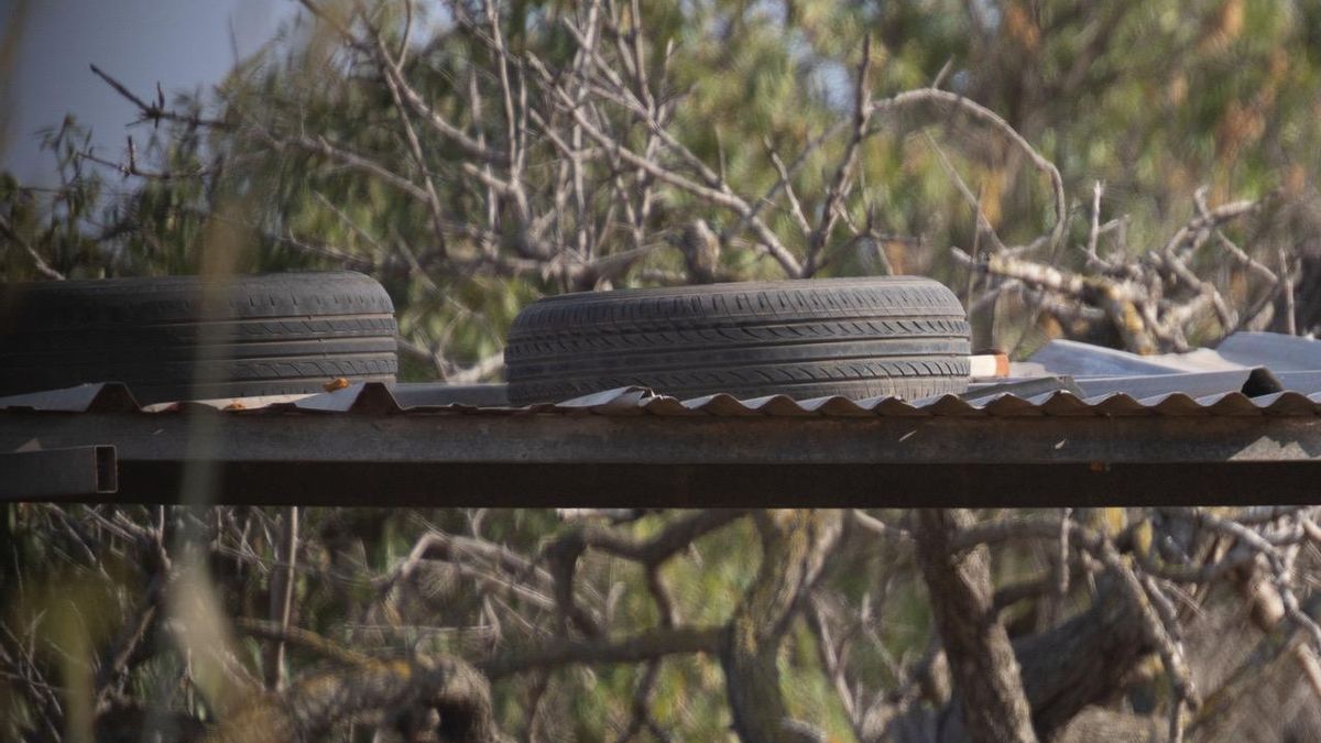 Uns pneumàtics i un sac són el contrapès per evitar que el teulat de xapa que tapa el cavall surti volant