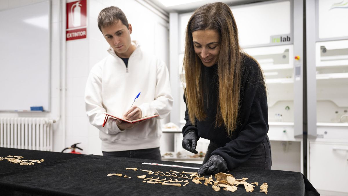 Maitane Tirapu e Íñigo Portela, estudiando los huesos encontrados en el Laboratorio de Arqueología de la UPNA.