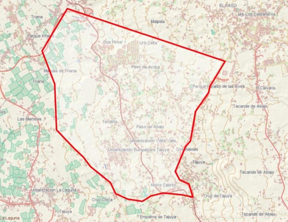 Área afectada por el confinamiento activado este lunes por los gases tóxicos de una cementera sepultada por la lava.