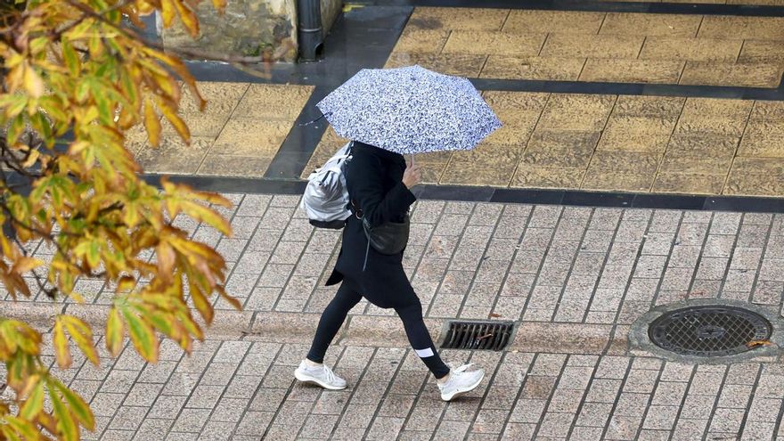 Una persona se protege con paraguas de la lluvia caída en Logroño, el sábado