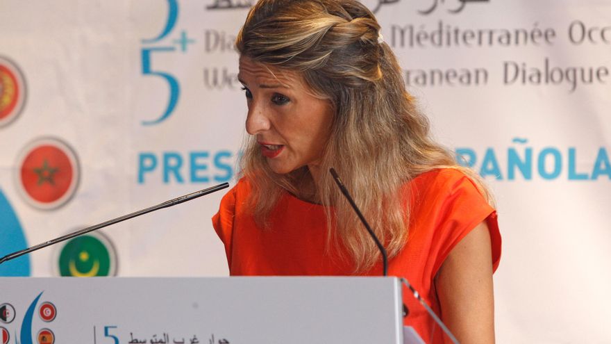 La Vicepresidenta segunda y ministra de Trabajo y Economía Social, Yolanda Díaz durante la rueda de prensa y presentación del Foro Mediterráneo Occidental. EFE/Morell