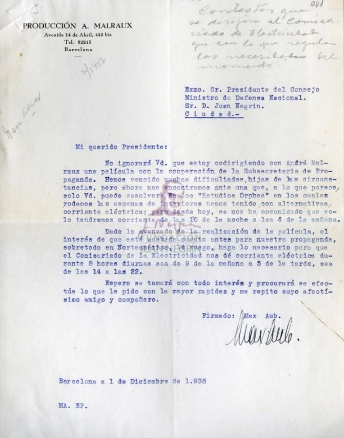 Carta enviada a Juan Negrín para poder finalizar el rodaje de la película 'Sierra de Teruel'.