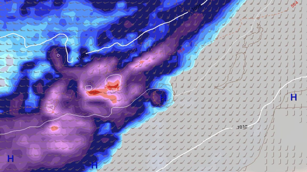 Frente lluvioso previsto para este jueves en Canarias, con grandes acumulados de lluvia en varias islas.