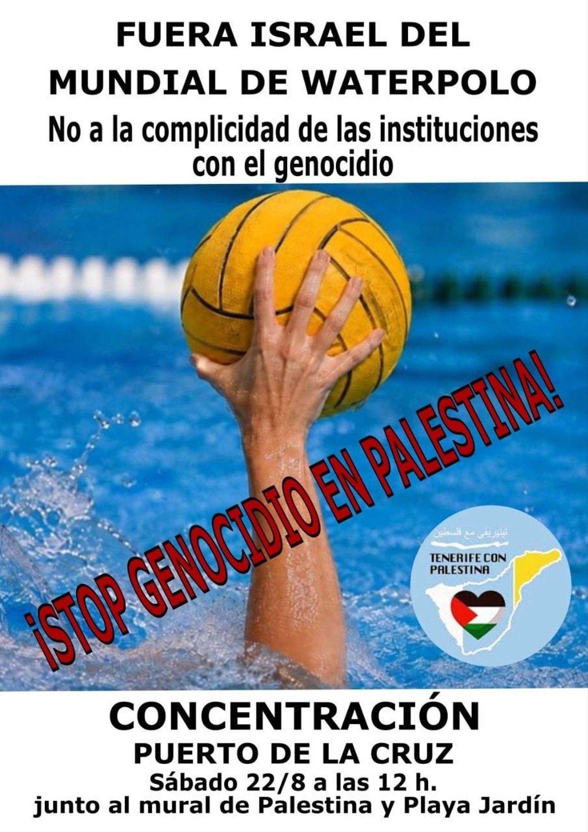 Cartel de la concentración de Plataforma Tenerife con Palestina en contra de la participación de Israel en el mundial de waterpolo.