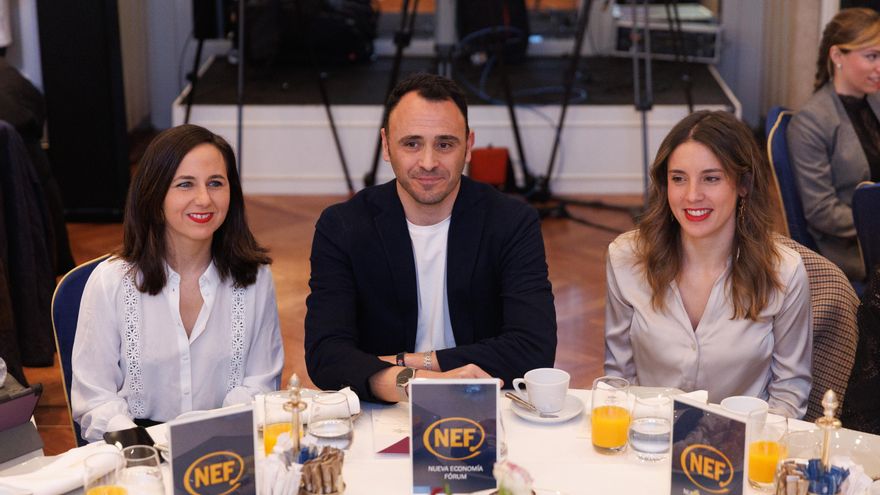 (I-D) La secretaria general de Podemos y ministra de Derechos Sociales y Agenda 2030, Ione Belarra; el candidato de Podemos a la Alcaldía de Madrid, Roberto Sotomayor y la ministra de Igualdad, Irene Montero.