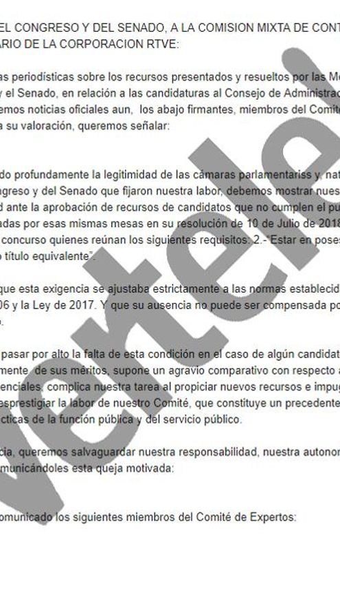 Queja motivada de los expertos enviada a las Cortes