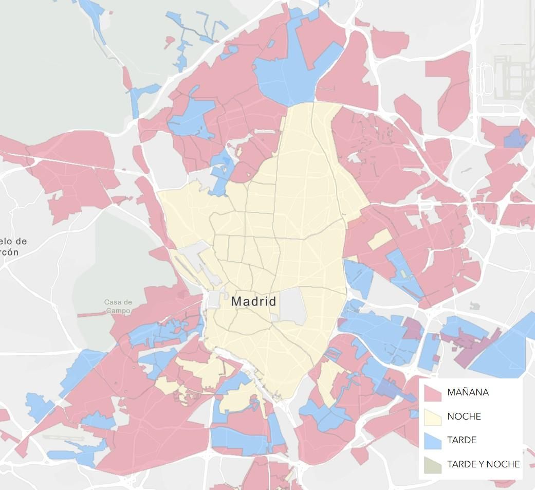 Mapa de turnos de recogida del contenedor naranja en Madrid