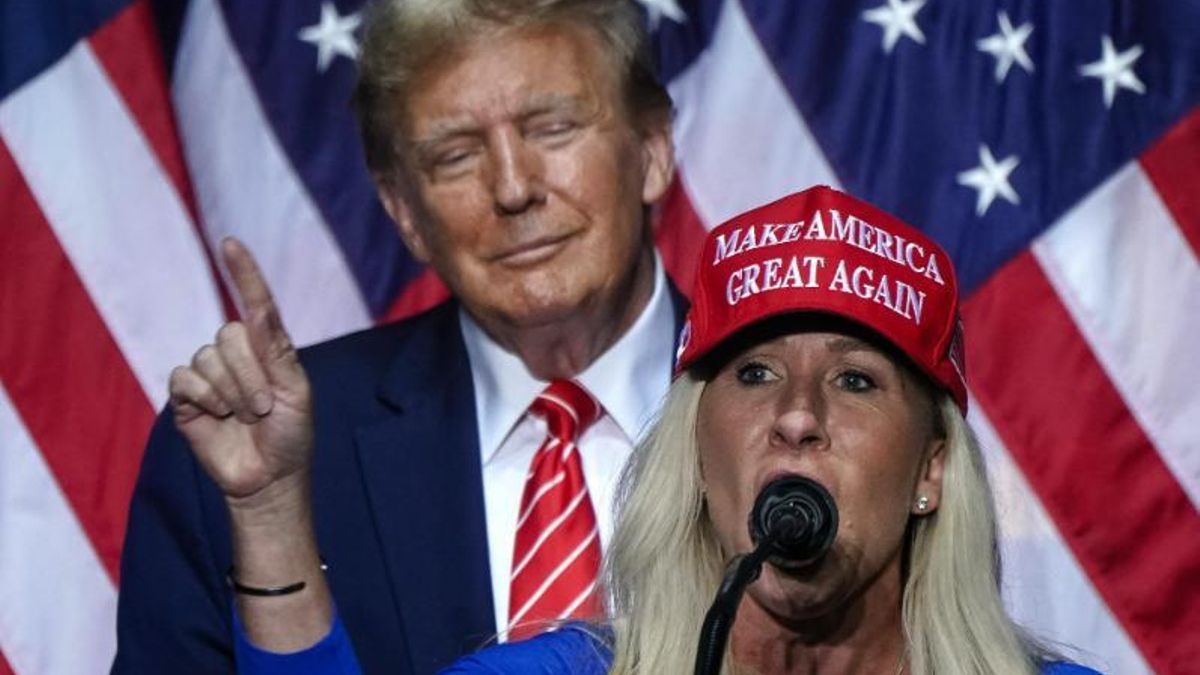 Marjorie Taylor Greene, en un acto con Donald Trump en Rome, Georgia, el 9 de marzo de 2024.
