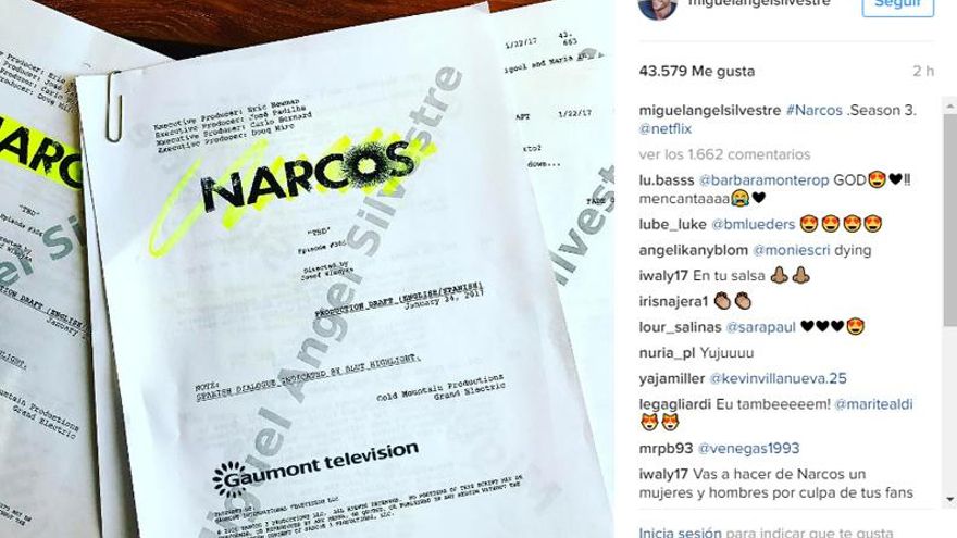 Miguel Ángel Silvestre publica una imagen de los guiones de 'Narcos' en Instagram