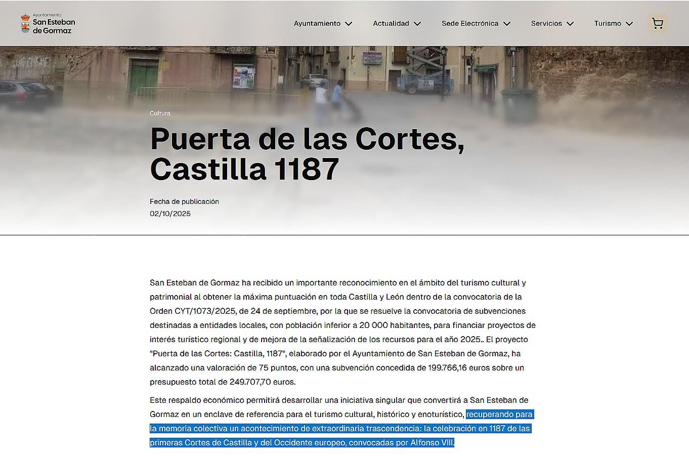 Captura de la web del Ayuntamiento de San Esteban de Gormaz en las que asegura que fueron las 'primeras Cotes del Occidente europeo', proyecto que será finacianciado con ayudas de casi 200.000 euros por la Consejería de Cultura de la Junta de Castilla y León.