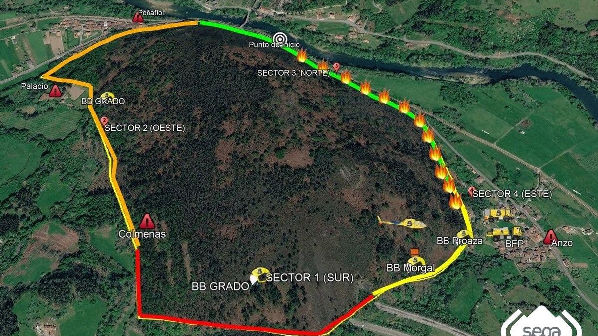 Perímetro del incendio forestal declarado en Grado (Asturias).