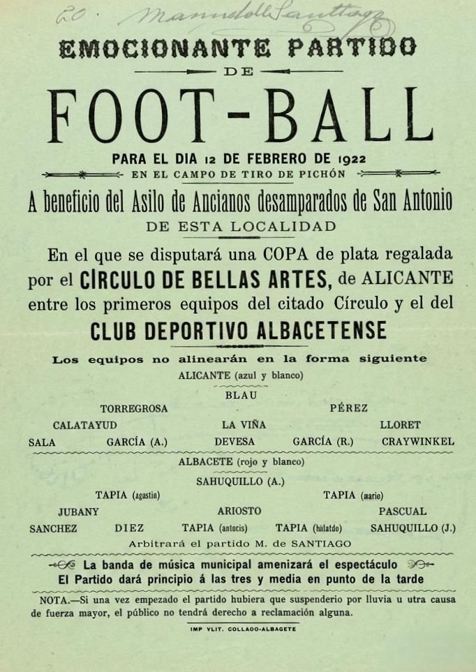 Cartel de un partido benefico en Albacete en 1922