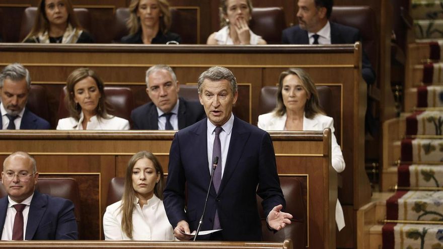 El líder del Partido Popular, Alberto Núñez Feijóo, interviene este miércoles durante la sesión de control del Congreso de los Diputados en Madrid.
